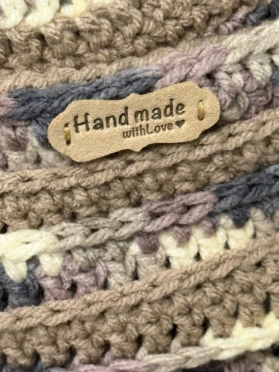 Neutral Taupe Crochet Triangle Shawl with Cream & Gray Stripes - Picture 4 of 5